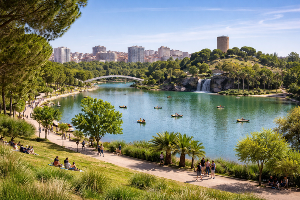 Recreación del futuro corredor verde de Valencia junto al Parque de Cabecera, con lago, zonas arboladas y espacios peatonales.